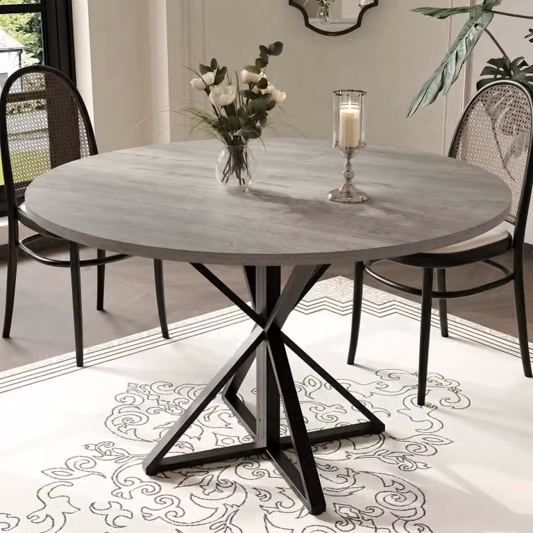 Tavolo rotondo da pranzo - 120 cm, tavolo moderno in legno - struttura a colonna in metallo - per 4-6 persone - salvaspazio - colore grigio