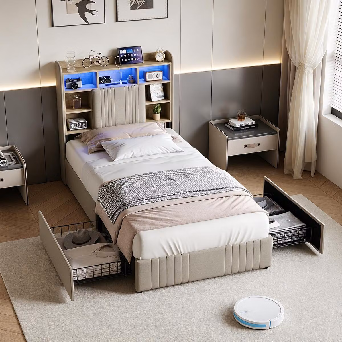Letto imbottito INONEFT, modello boxspring, 90x200 cm, con LED e porte USB/C. Letto singolo con struttura contenitore e 2 cassetti, testiera con vano aperto. Letto per ragazzi, colore beige, tessuto in lino