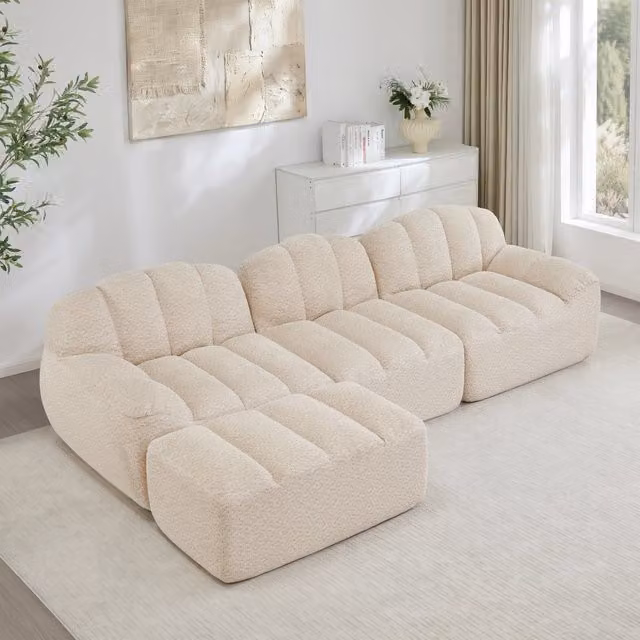 Divano Angolare Modulare 3 Posti con Ottoman ¨C Xylo ¨C Tessuto Beige, Seduta Profonda