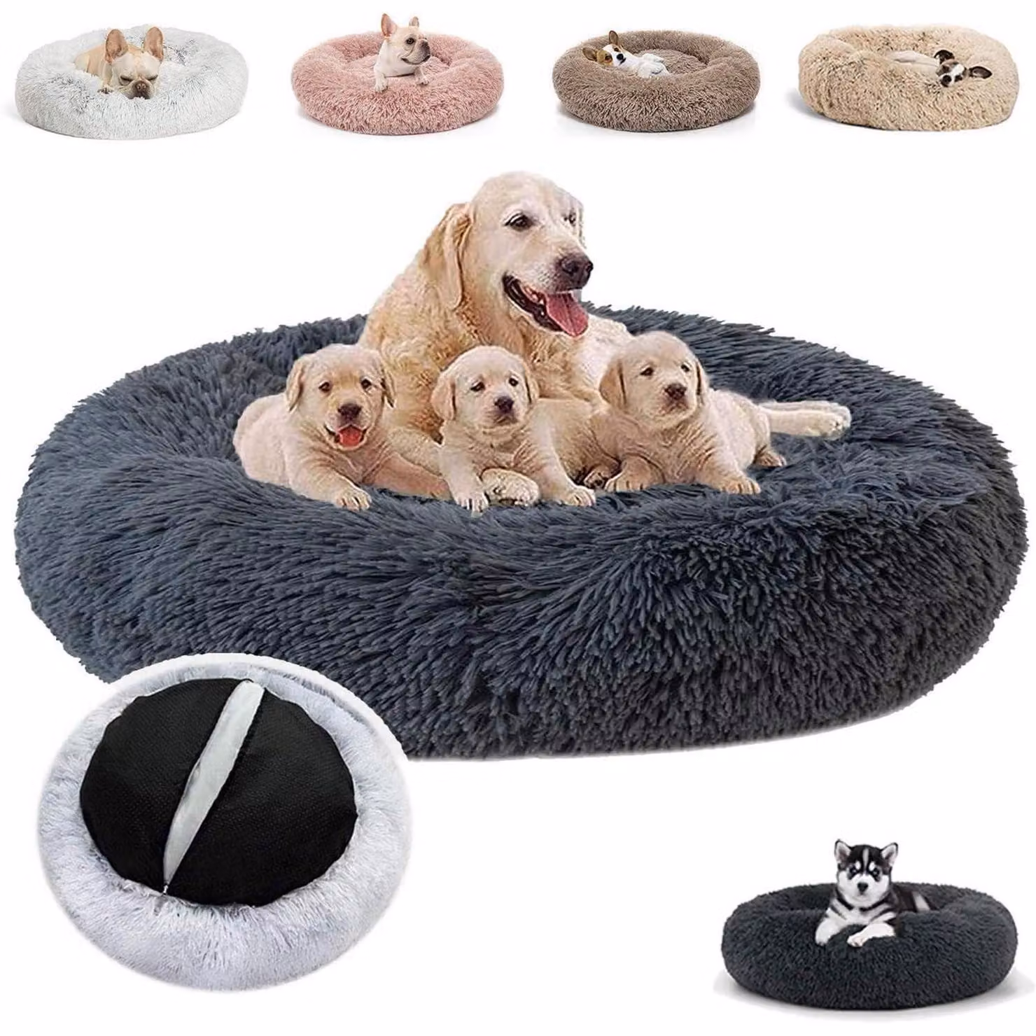 Cuccia rotonda per cani e gatti, imbottita in peluche, colore grigio scuro, dimensioni 50 x 50 x 20 cm