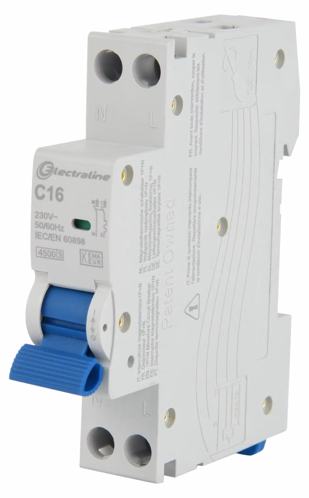 Interruttore magnetotermico miniaturizzato da 16A, curva C, con capacità di interruzione di 4,5 kA, e UKCA