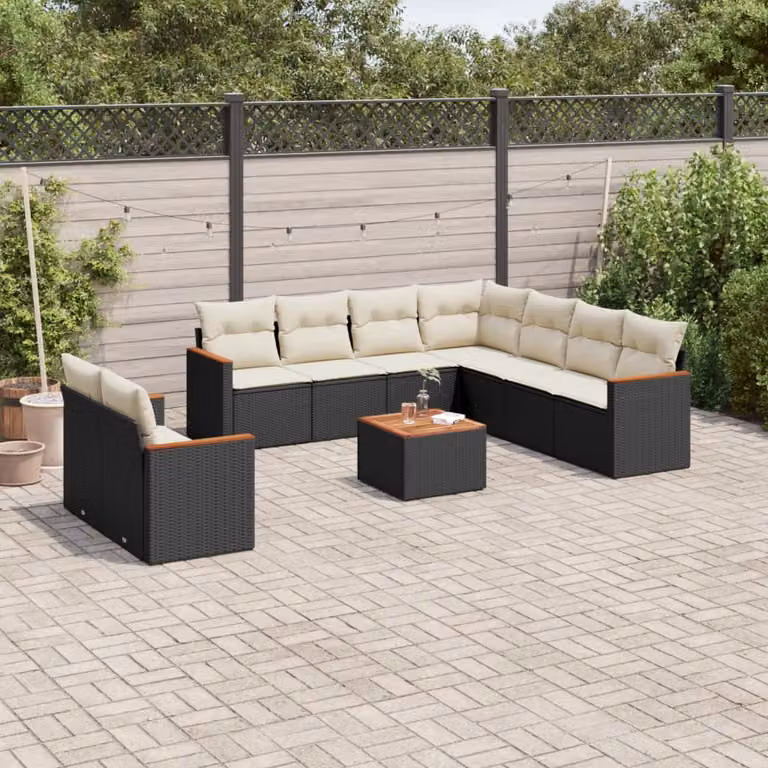Set di divani da giardino vidaXL a forma di U in polyrattan nero con cuscini e tavolino da esterno