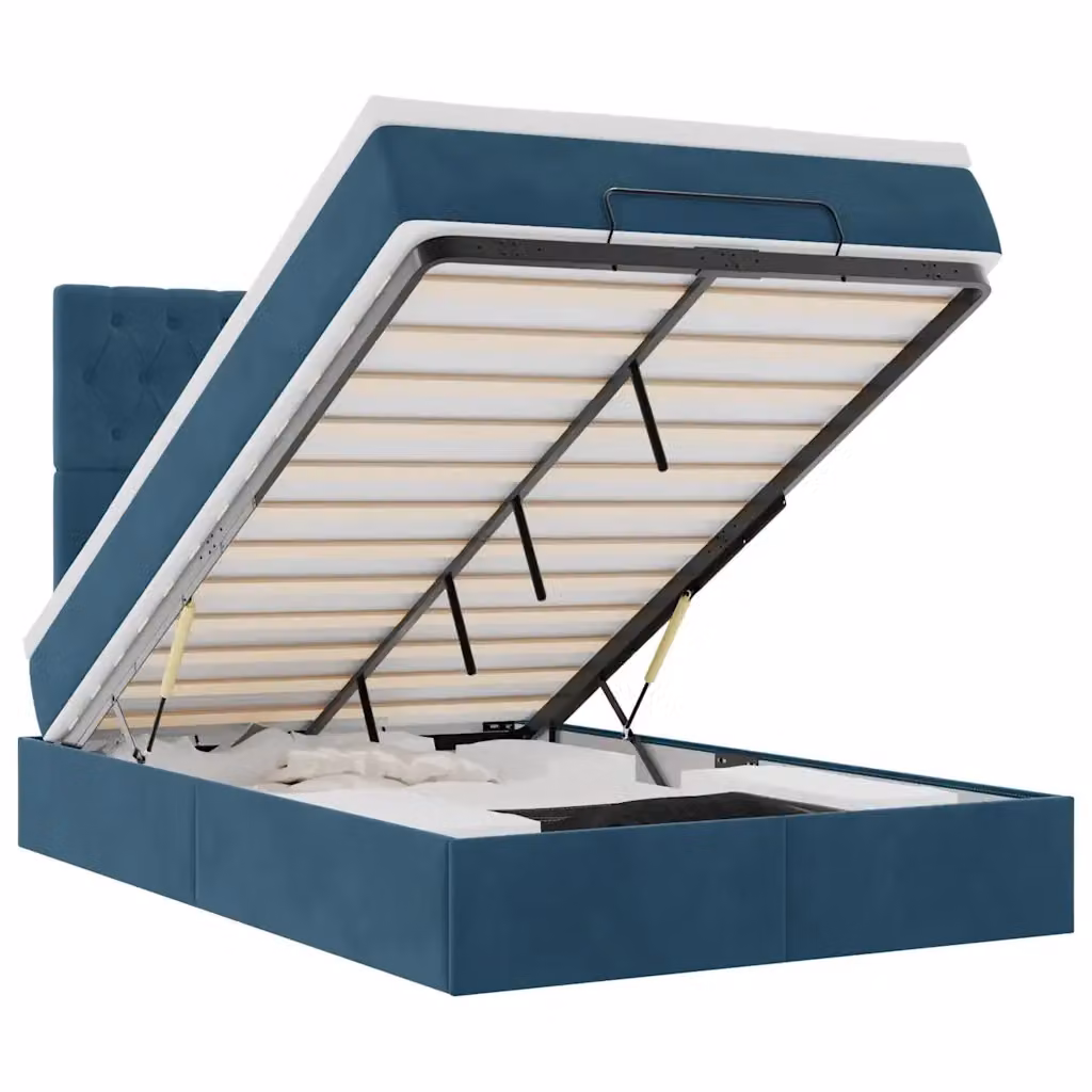 Letto con contenitore a sollevamento vidaXL in velluto blu e bianco con illuminazione sottostante e porta USB, L/P/H: 193 x 120 x 128 cm – 2