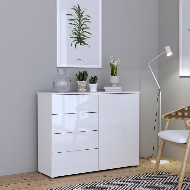 Cassettiera >SIENNA< in foglio decorativo bianco lucido - 110,1x84,9x34,4cm (LxAxP)