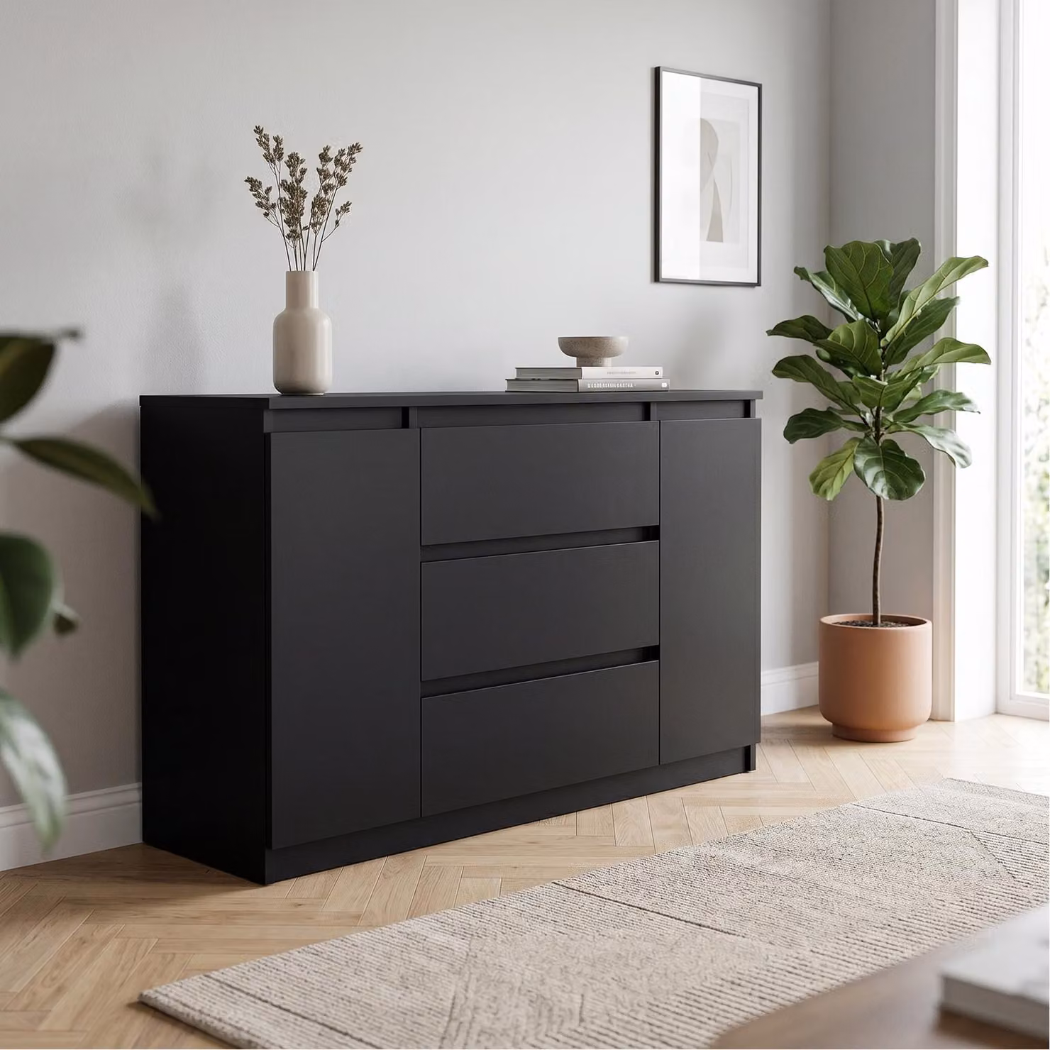 Comodà Masseno NUDO da 120 cm con 3 cassetti e 2 ante, per soggiorno o camera da letto, stile moderno, 120x39x78,5 cm, nero / nero