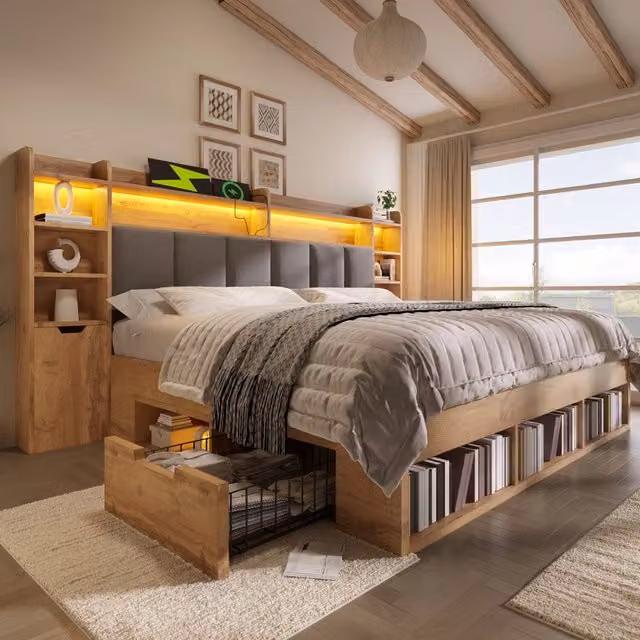 Letto matrimoniale 160x200 cm con LED; USB e USB-C; comodini mobili; cassetti e rete in legno; rovere