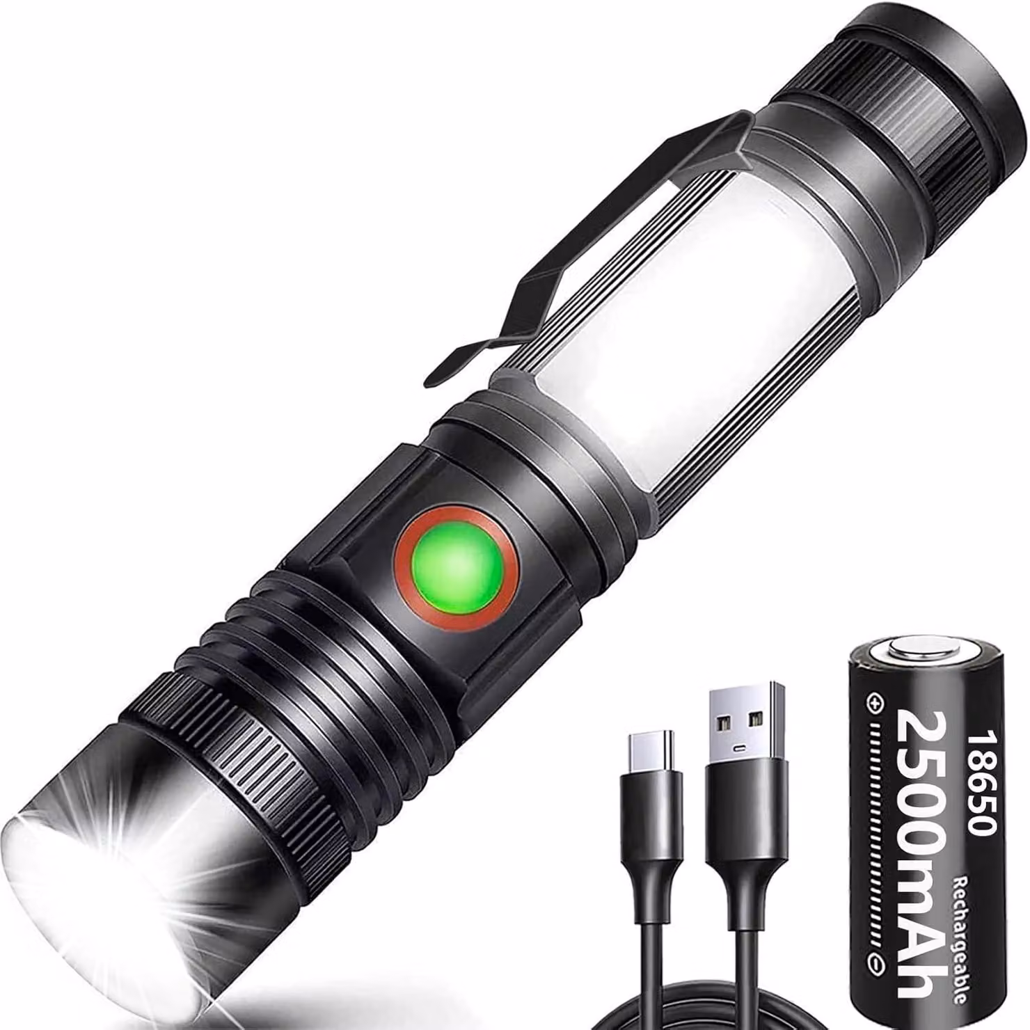 Torcia LED da 2000 lumen, con batteria da 2500 mAh, ricaricabile, dotata di magnete e luce di lavoro COB, con funzione zoom