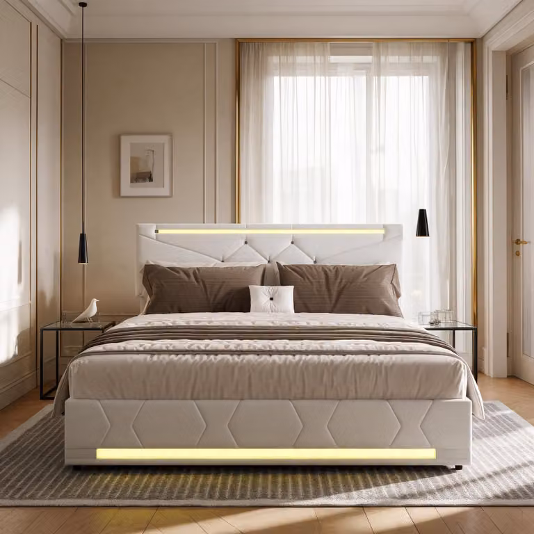 Letto imbottito INONEFT, 160x200 cm, con sistema di sollevamento idraulico, illuminazione a LED e prese USB, letto per giovani con poggiatesta regolabile, color beige