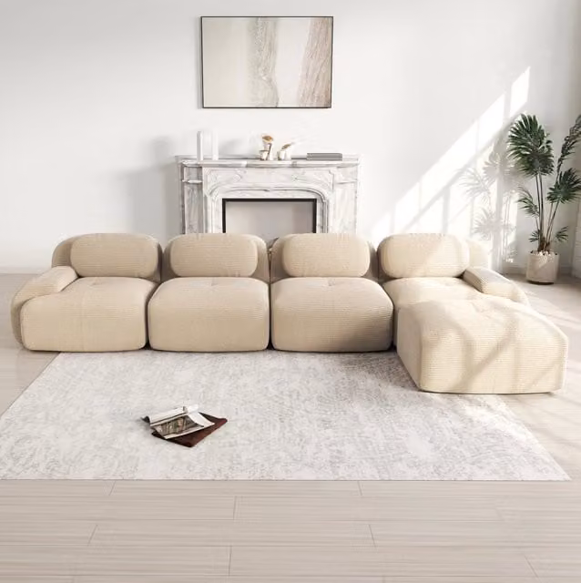 Divano angolare modulare senza telaio in velluto a coste beige; 388 × 178 × 70 cm