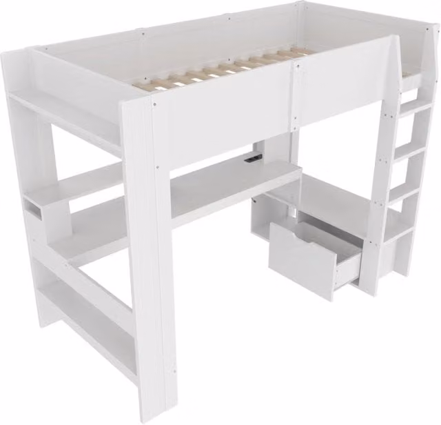 Letto a soppalco 90x200 cm con scrivania, illuminazione LED, cassetti e ripiani, bianco, senza materasso