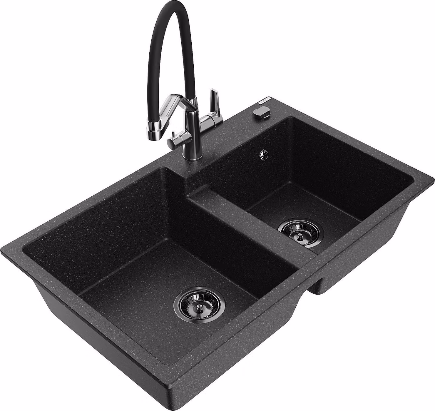 Mexen Tomas lavello da cucina in granito a 2 vasche con rubinetto Duo, nero/metallico argento - 6516-73-671701-07-B