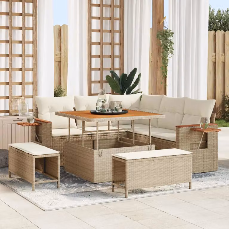 Set Divano da Giardino vidaXL 9 Pezzi a Forma di L con Tavolino e Pouf, Colore Beige e Bianco