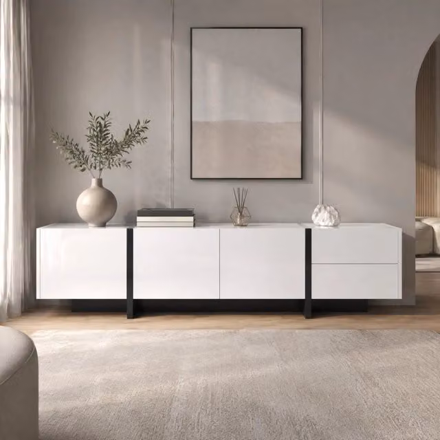 Mobile TV Mivray moderno con 3 ante e 2 cassetti in pannello di particelle bianco lucido e nero