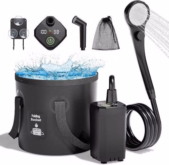 Doccia da campeggio elettrica - Ricaricabile - Con display LED intelligente - Grado di protezione IPX7 - Doccia esterna - Doccia da campeggio - Doccia da campeggio con soffione - Colore nero