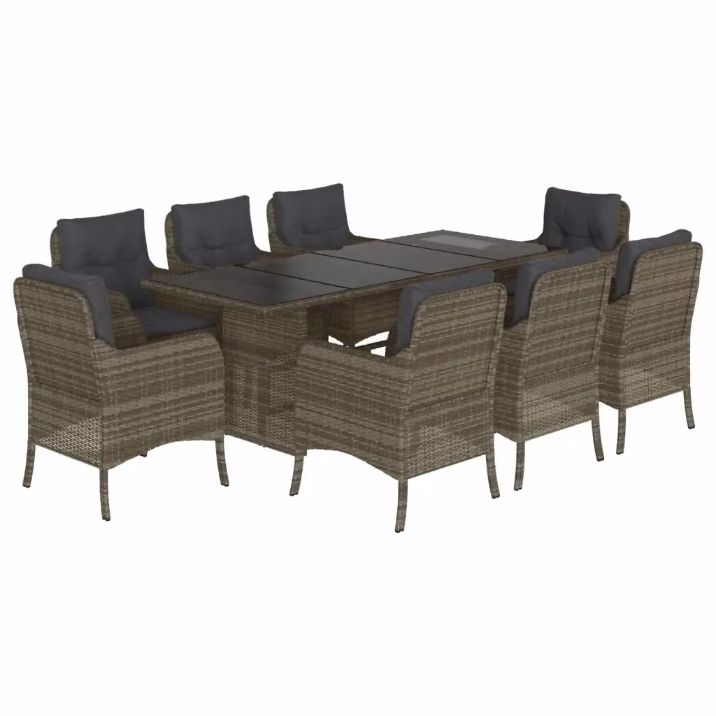 Set da pranzo da giardino vidaXL in polyrattan grigio con tavolo in vetro e 9 sedie con cuscini – 2