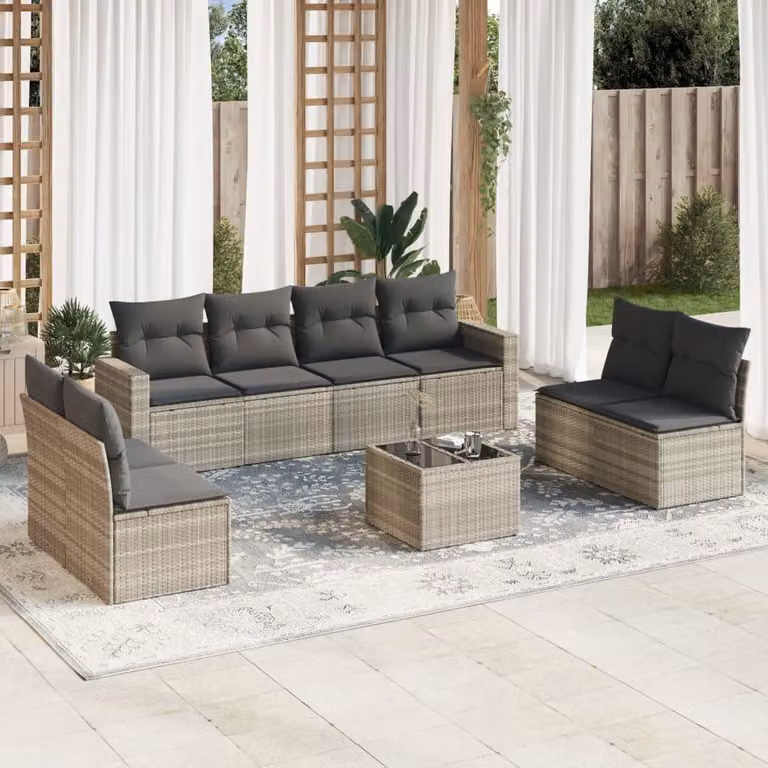 vidaXL Set Divano da Giardino 9pz in Polyrattan Grigio con Cuscini e Tavolino