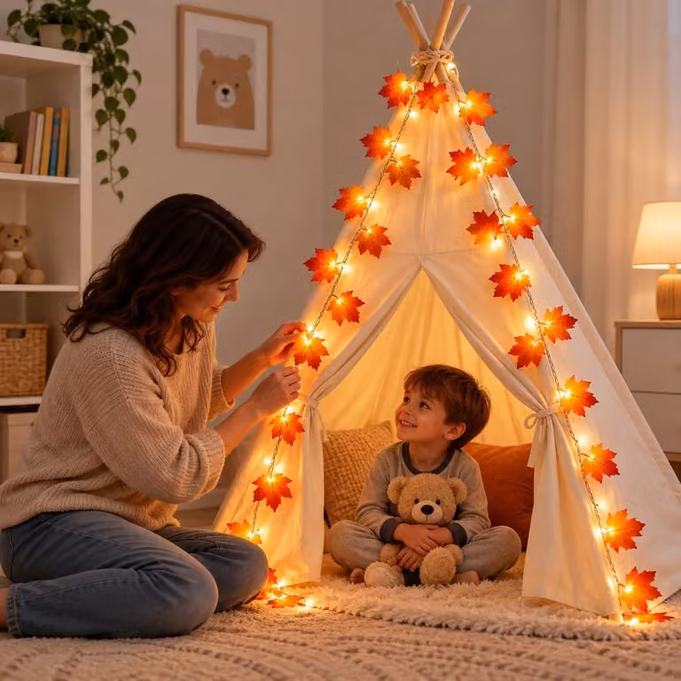 Catena luminosa a LED con foglie d'acero, lunghezza 2,5 metri, 20 LED bianco caldo
