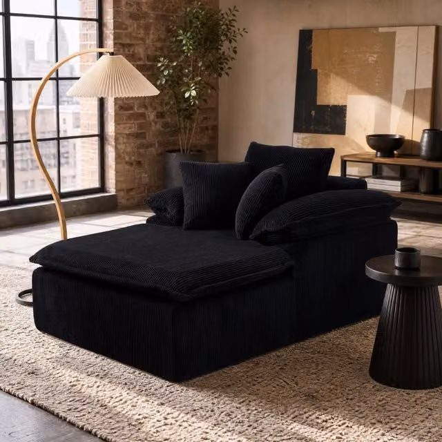 Divano moderno Mivray in velluto a coste nero con braccioli larghi e cuscini inclusi, L/P/H: 122 x 92 x 177 cm – 1