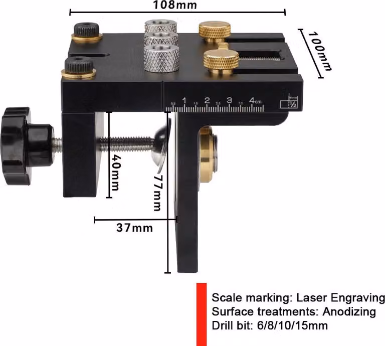 Localizzatore di fori per la lavorazione del legno 3 in 1, lega di alluminio, posizionatore di punzonatura, guida di riferimento per pezzi di legno con campi di serraggio da 0 a 15 mm, carpenteria