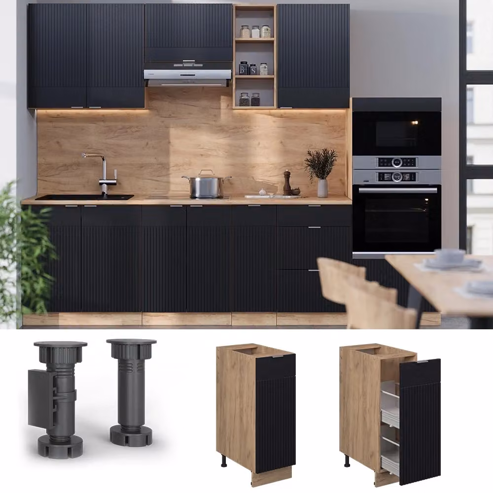 Armadio dispensa alto Fame-Line Vicco Nero rigato e Rovere dorato L: 30 cm – 2