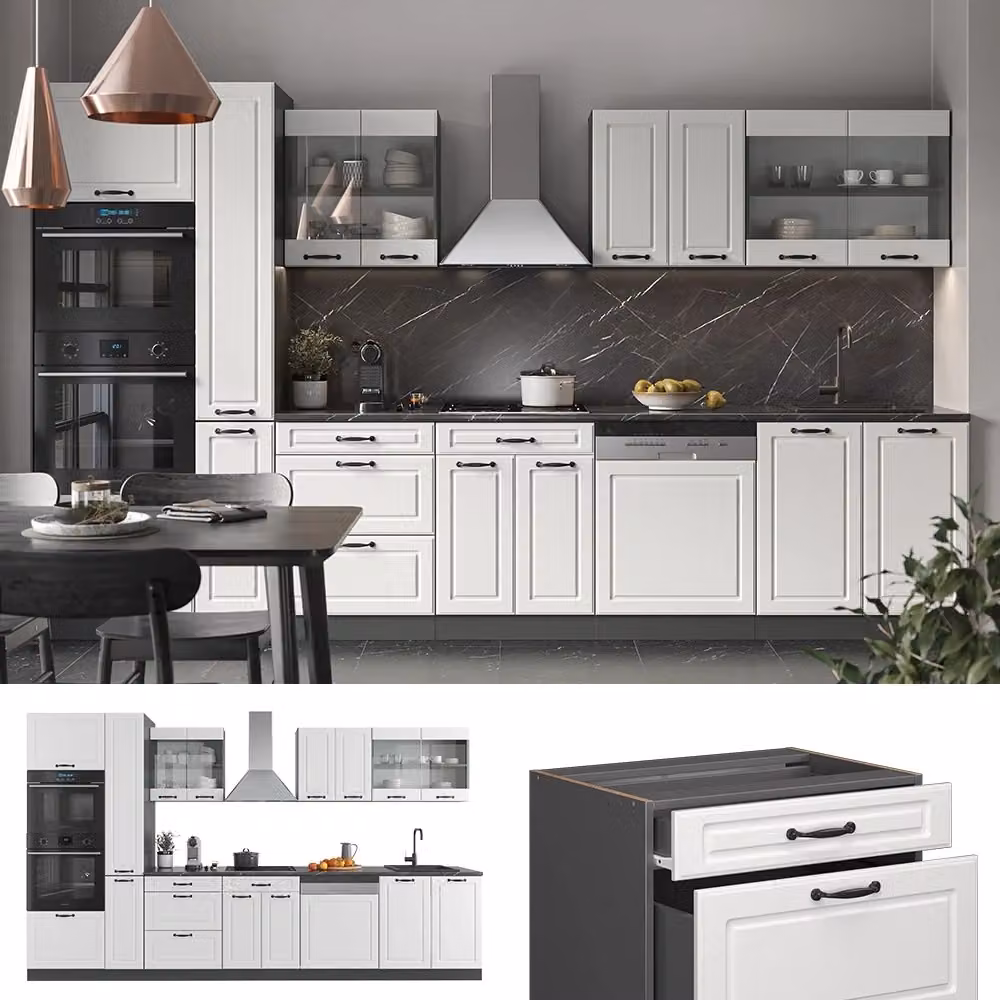 Cucina componibile Vicco R-Line Bianco rustico e Antracite con armadio alto, larghezza: 350 cm – 2
