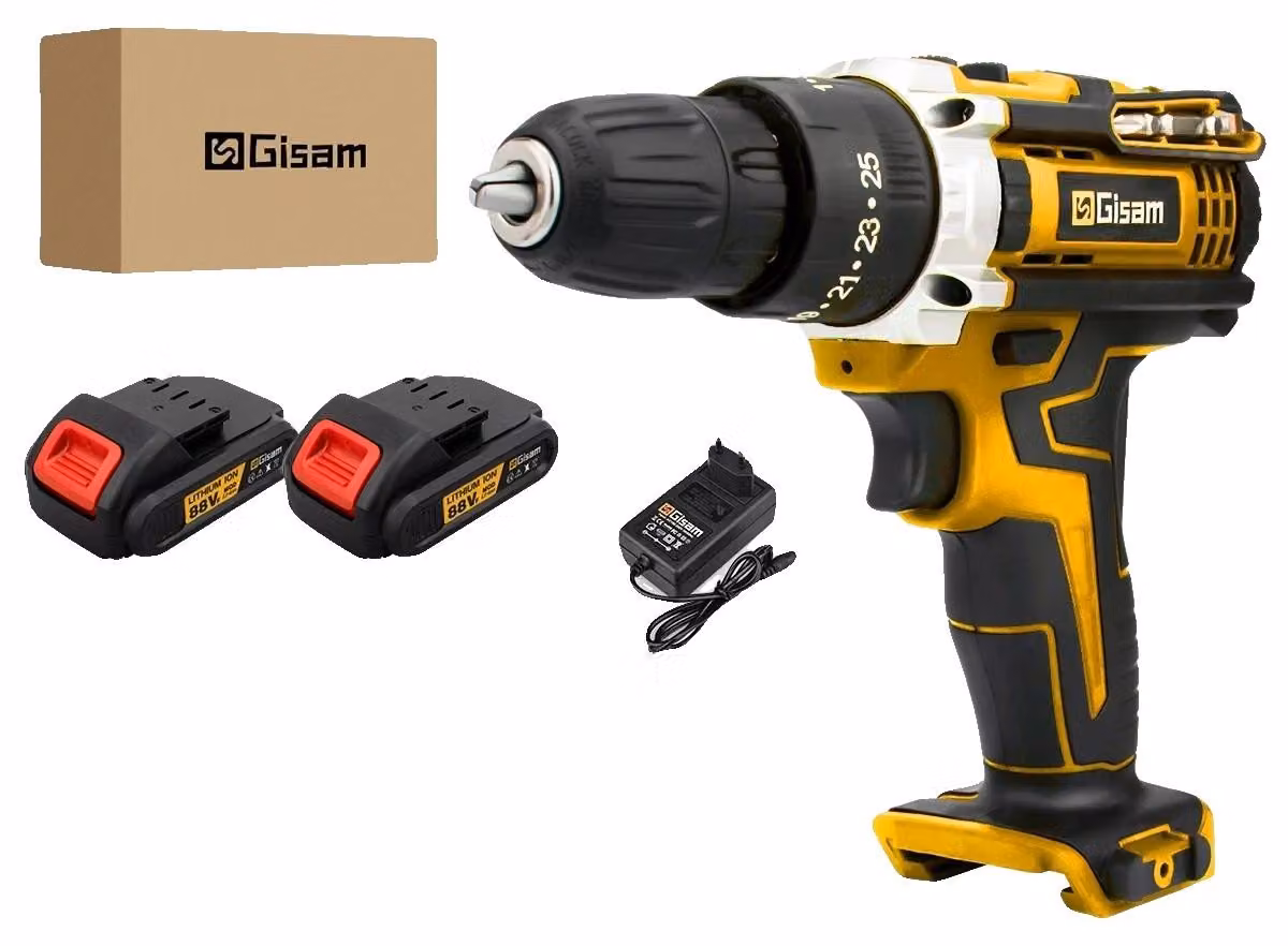 Trapano avvitatore a percussione, coppia di 25 Nm, controllo della velocità a due gamme, 2 batterie (colore giallo)