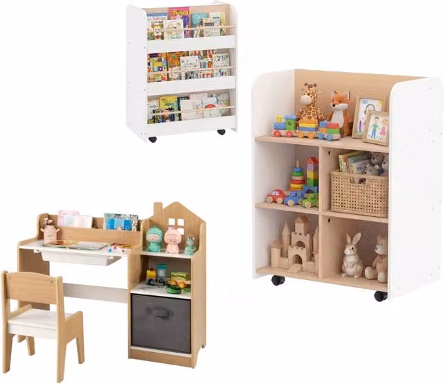 Set scrivania e sedia per bambini e libreria bambini 3 ripiani, Tavolo da studio per bambini e libreria legno 8 cubi aperti libri