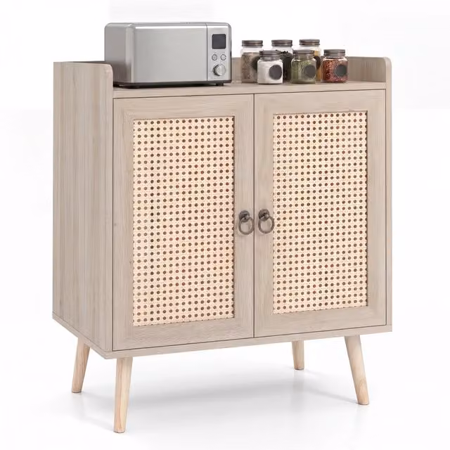 Mobile portaoggetti in rattan e legno con 2 ante e ripiano regolabile per cucina, soggiorno o sala da pranzo, colore naturale beige e marrone – 1