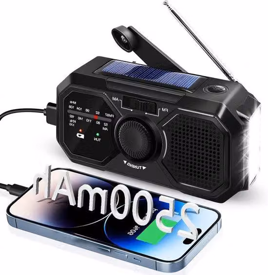 Radio di emergenza a energia solare con maniglia, radio AM/FM con previsioni meteo, batteria ricaricabile da 2500 mAh - Torcia - Luce di emergenza - Sopravvivenza all'aperto