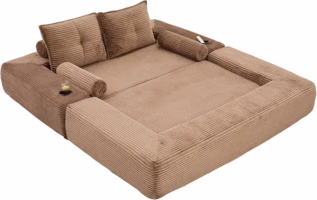 Divano letto pieghevole 180x98 cm in tessuto a coste; con tasche laterali e portabevande; marrone