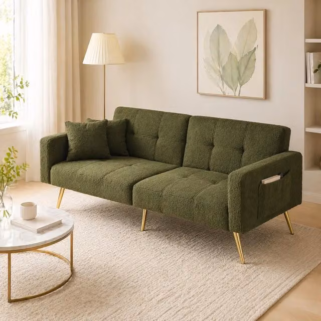 Divano letto convertibile con schienale reclinabile; 175x64x72 cm; in tessuto sherpa verde