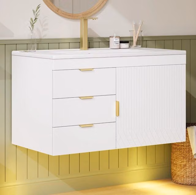 Mobile bagno sospeso 76 cm con lavabo in ceramica, illuminazione LED con controllo app, finitura bianco legno