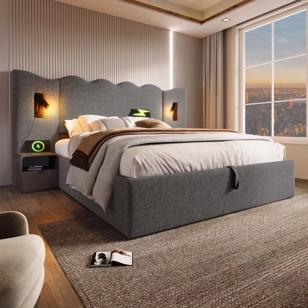 Letto Matrimoniale REDOM Grigio con Base a Sollevamento, Lampada Integrata, Porta USB e Ripiano Laterale, L/P/H: 215 x 180 x 111 cm – 2