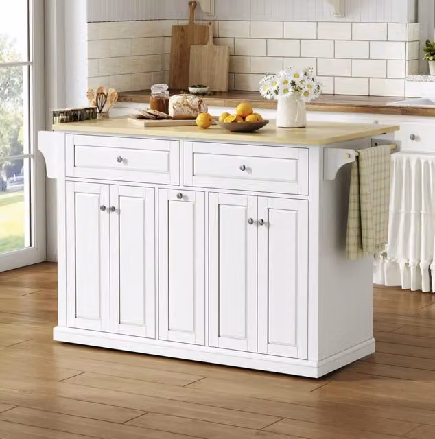 Isola da cucina mobile in MDF con piano ribaltabile, doppie cassettiere verticali e grandi cassetti, ruote bloccabili, 121×49(69)×89 cm