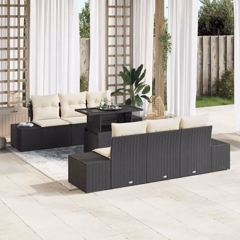 Set di divani da giardino vidaXL in polyrattan nero e beige con cuscini, tavolo da caffè e configurazione a forma di U per esterno