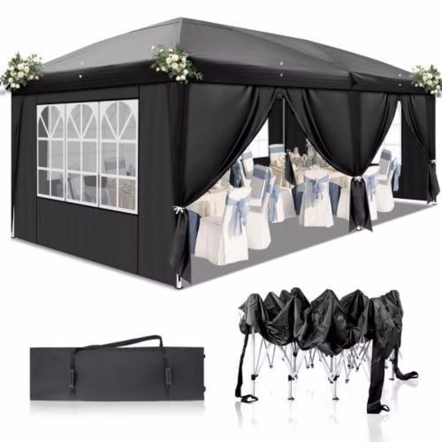 Tenda da festa 3x6 metri, altezza regolabile, impermeabile, con 6 pannelli laterali, colore nero