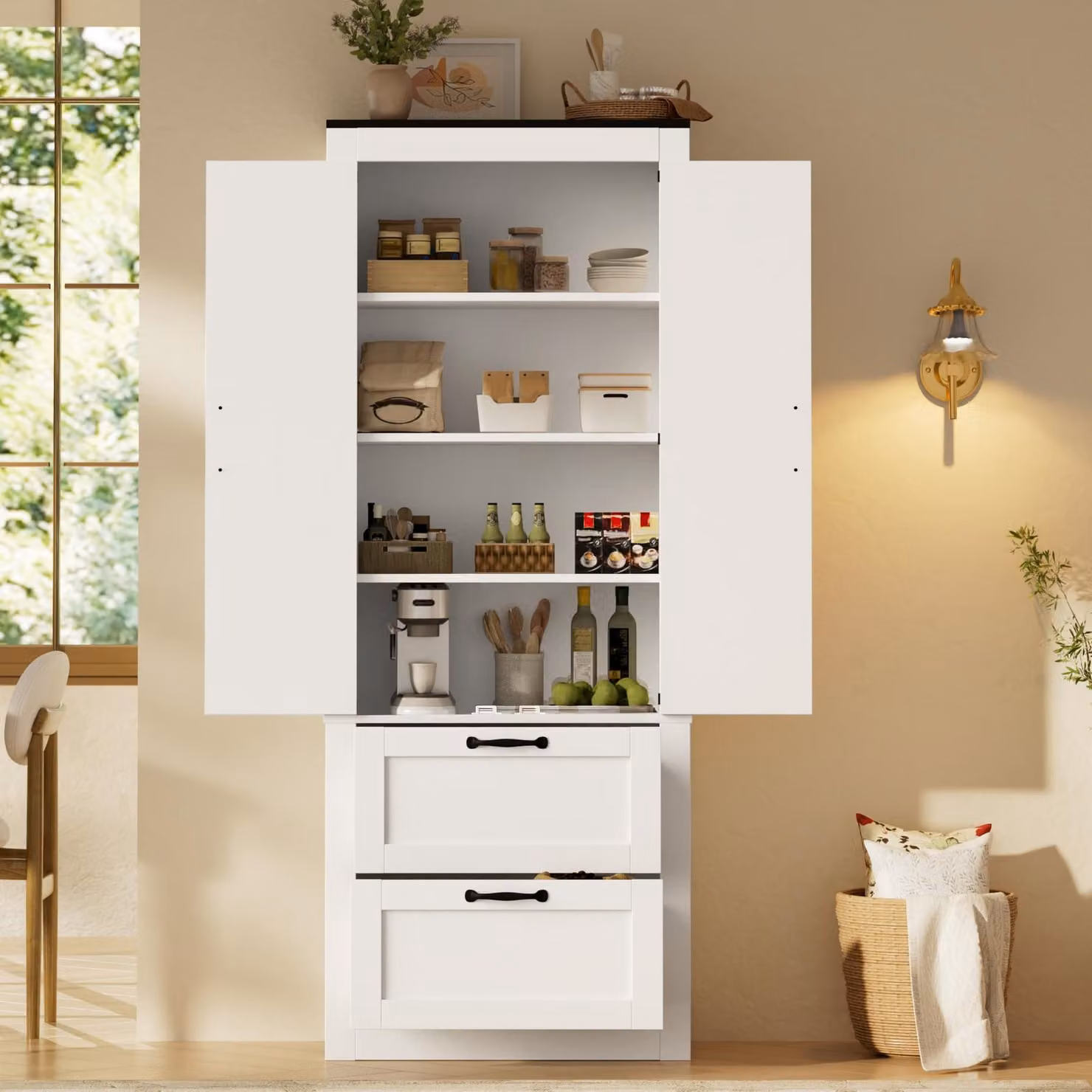 MODFU, mobiletto buffet alto, 60 x 30 x 168 cm, armadio contenitore con ripiani regolabili, mobile da cucina con 2 ante e 2 cassetti, bianco