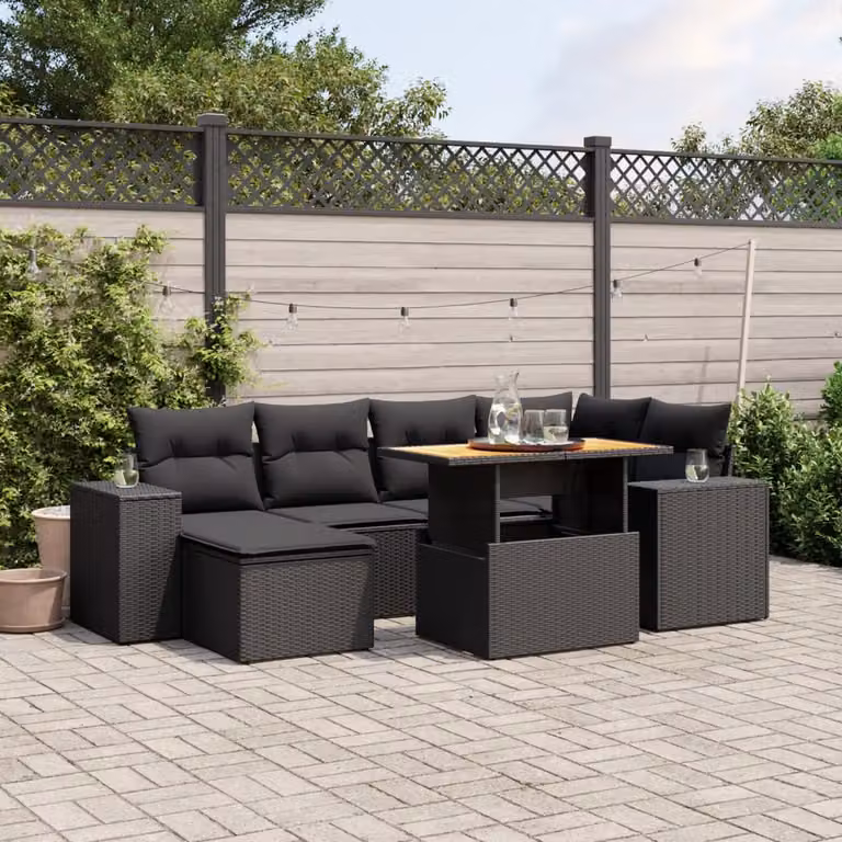 Set Divani da Giardino vidaXL in Polyrattan e Legno di Acacia Oliato con 7 Cuscini Nero