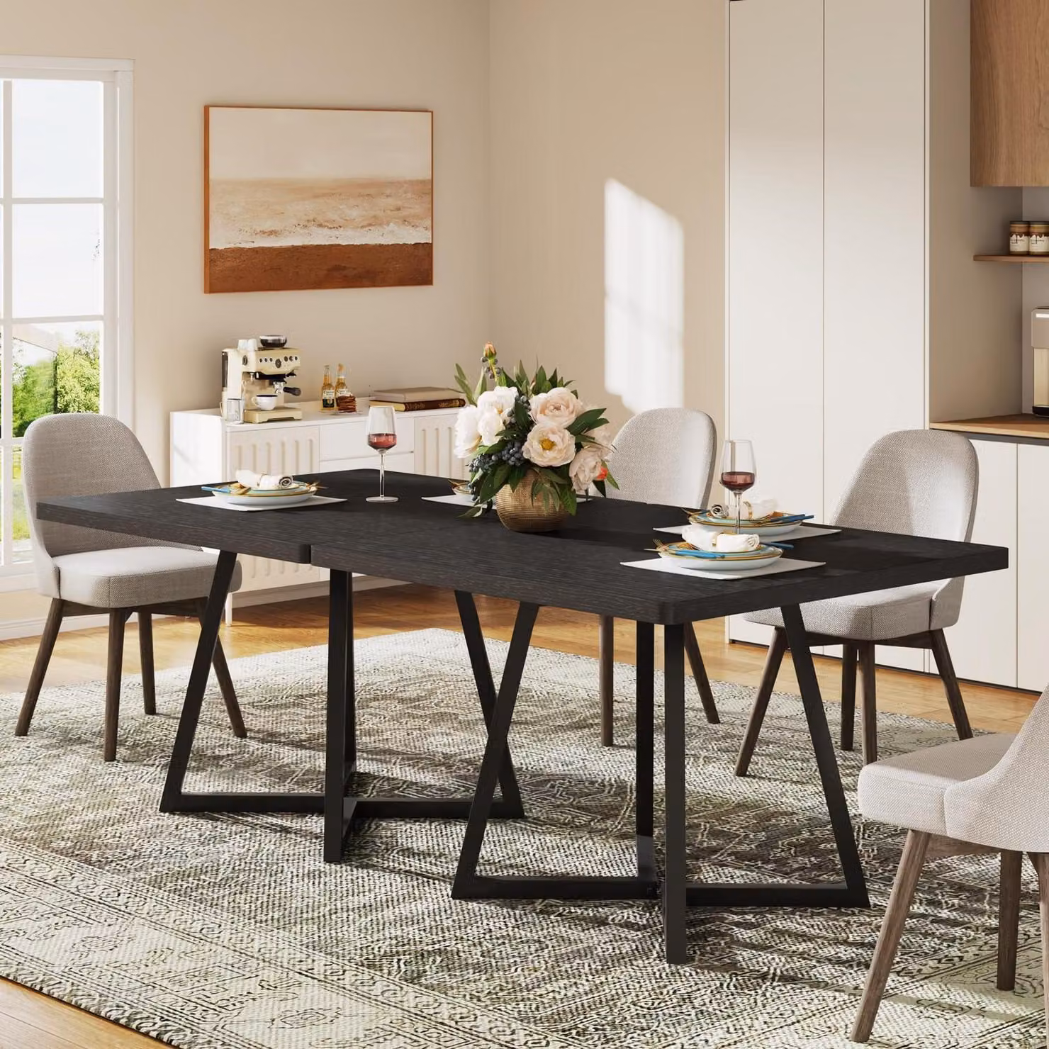 Tavolo quadrato, 80 cm, stile industriale, base in metallo nero, per 2 persone