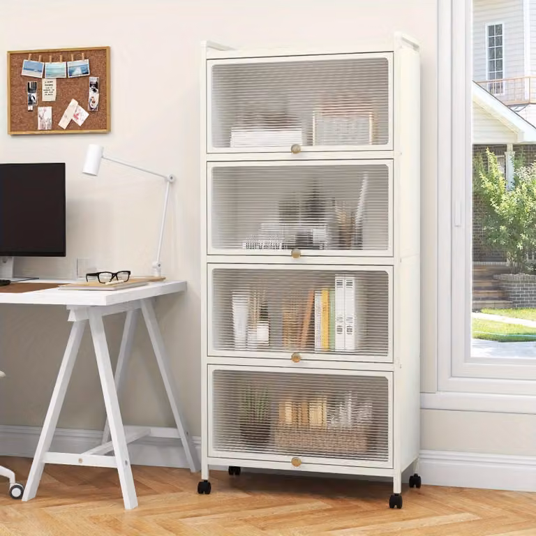 Armadio contenitore - Scaffale portaoggetti - Mobiletto da cucina - Mobile a parete - Mobile contenitore - Con ruote - 5 ripiani - Plastica bianca