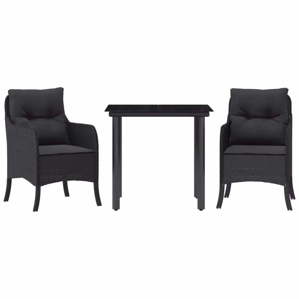 Set da Pranzo da Giardino 3 pz vidaXL in Polyrattan Nero con Cuscini e Tavolo in Vetro – 2