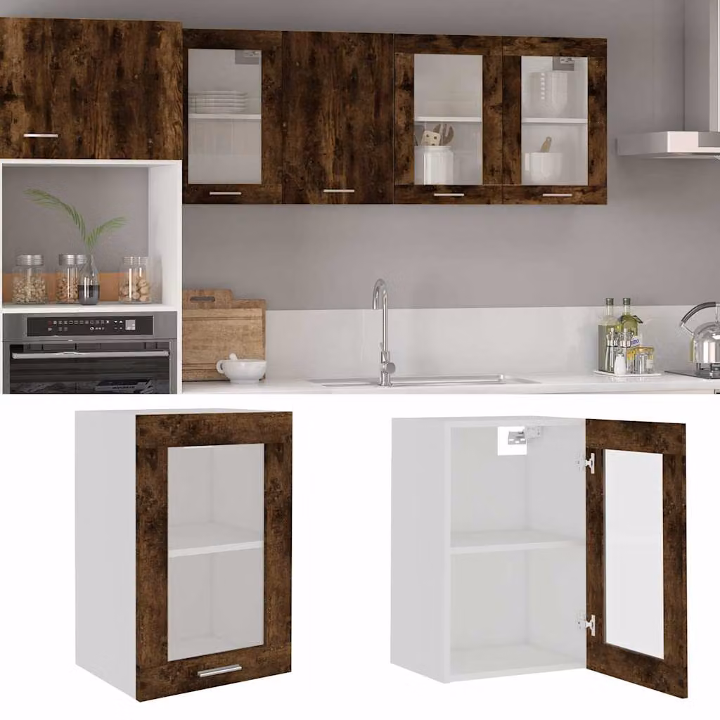 Pensile da cucina moderno vidaXL Lyon in legno e vetro color rovere con ante in vetro fumé L 40 cm, P 31 cm, H 60 cm