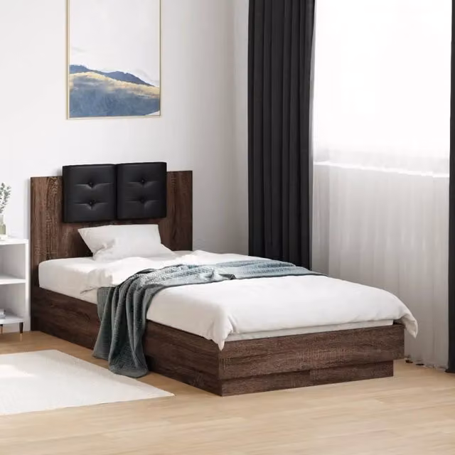 Letto moderno vidaXL in legno con doghe piatte e rivestimento in ecopelle marrone e nero – 1
