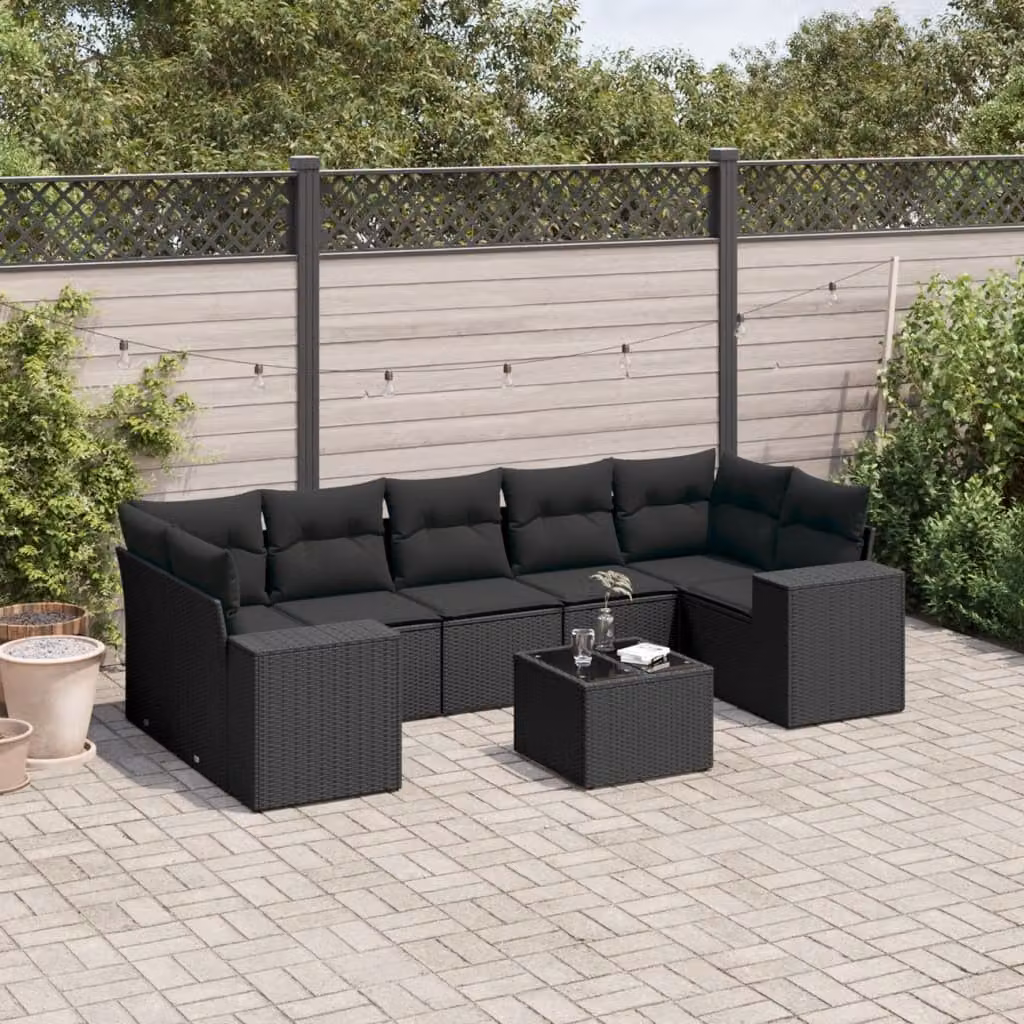 vidaXL Set Divani da Giardino a L con Cuscini 8 pz Nero in Polyrattan e Metallo – 1