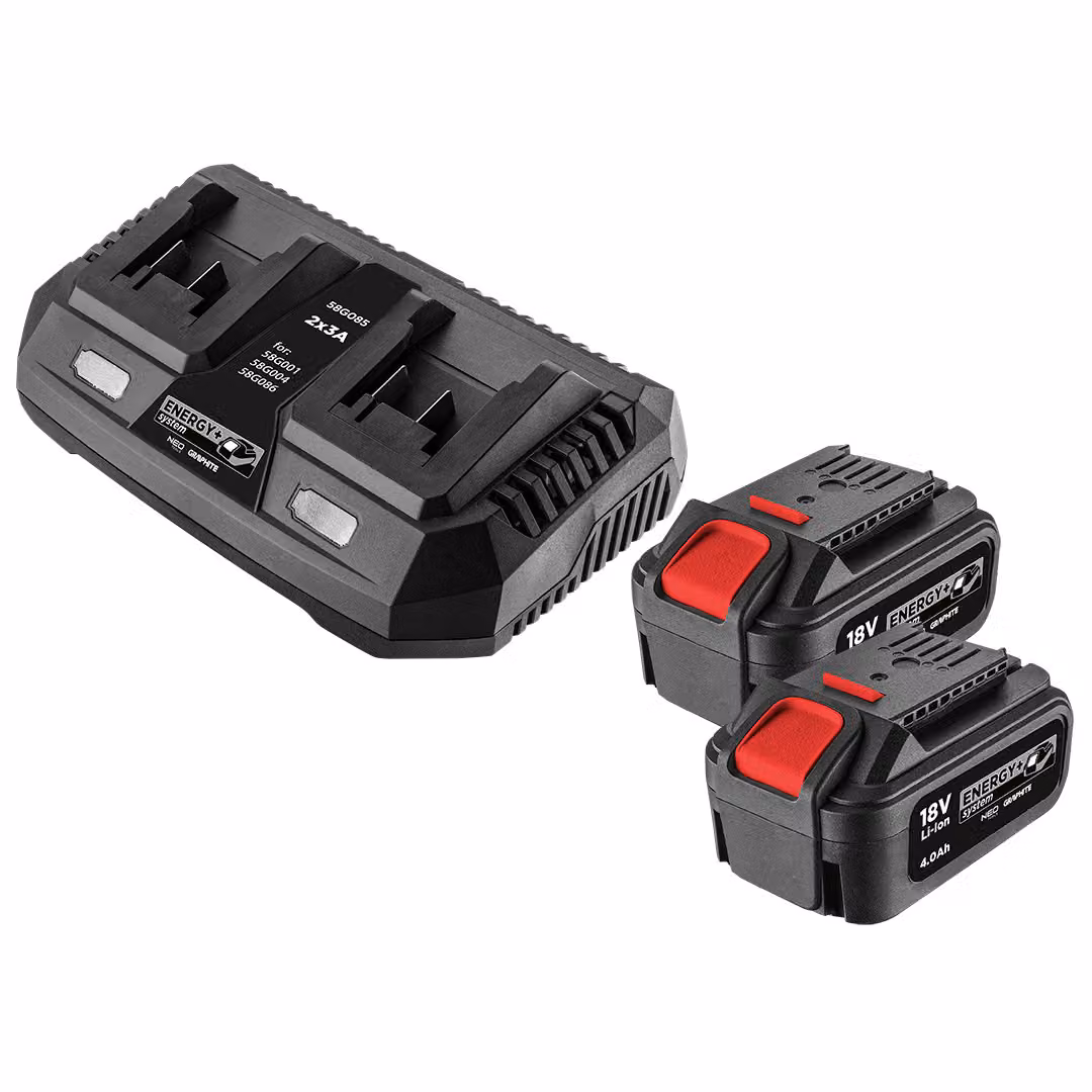 Kit GRAPHITE Energy+: 2 batterie da 4ah con caricatore doppio. Kit E+: 58G004 x 2 (batteria Energy+ 18V, Li-Ion 4.0Ah) , 58G085 (caricabatterie Energy+, 2 x 3A)
