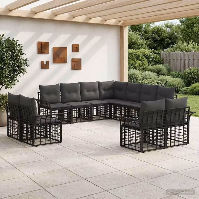 Set di divani da esterno vidaXL a forma di U composto da 11 pezzi in nero e grigio con struttura in metallo e cuscini in poliestere