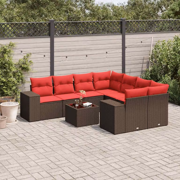 Set di divani da giardino vidaXL in polyrattan marrone con cuscini e tavolino da esterno a forma di L