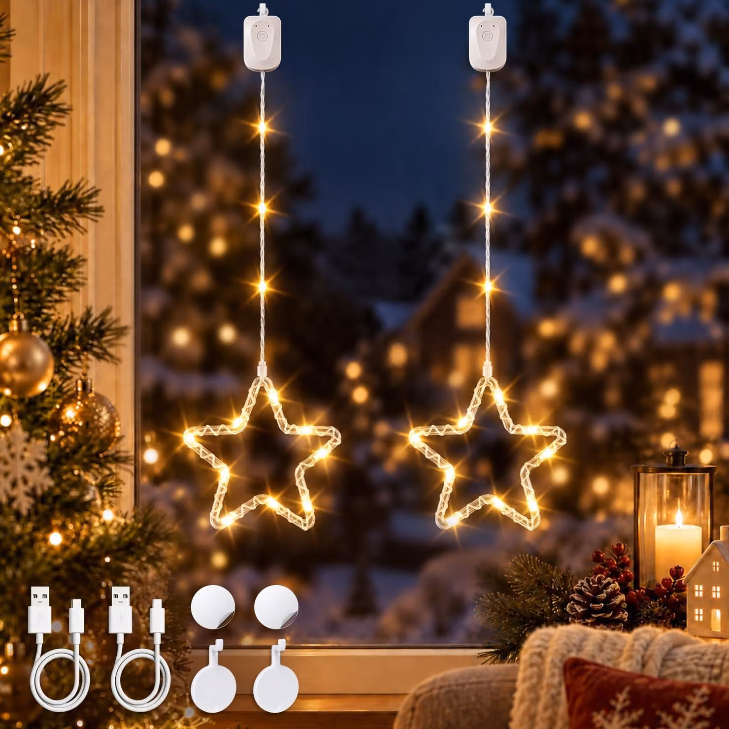 Set di 2 luci a LED a forma di candela per decorare le finestre, luce bianco caldo, ricaricabili