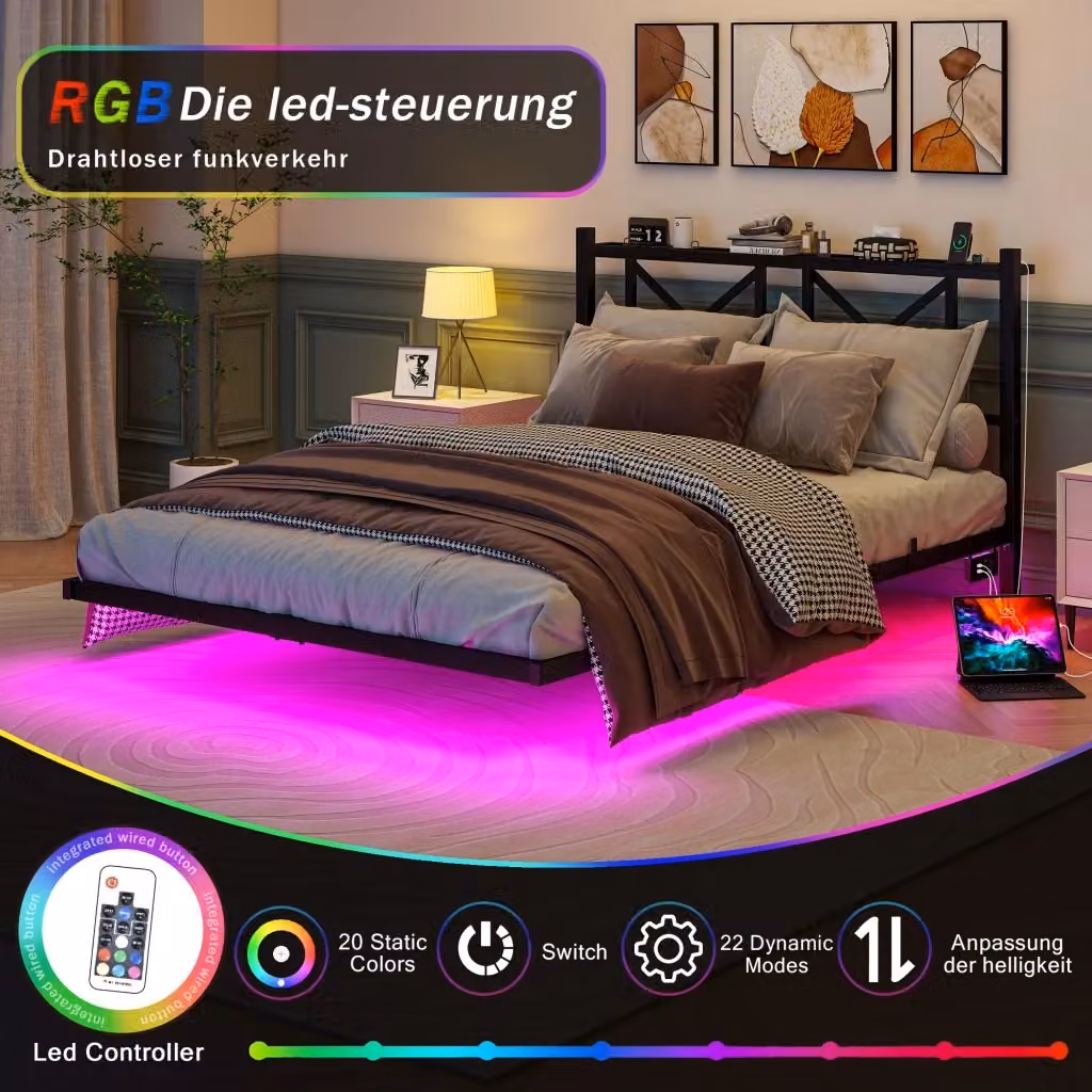 Letto a baldacchino moderno CIPACHO in metallo nero con illuminazione sottostante, porta USB e ripiani laterali L/P/H: 140 x 200 cm – 2