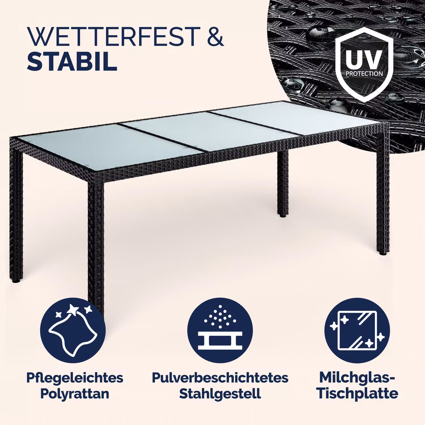 Tavolo da giardino rettangolare CASARIA in polyrattan nero con piano in vetro L: 190 cm, P: 90 cm, H: 75 cm – 3